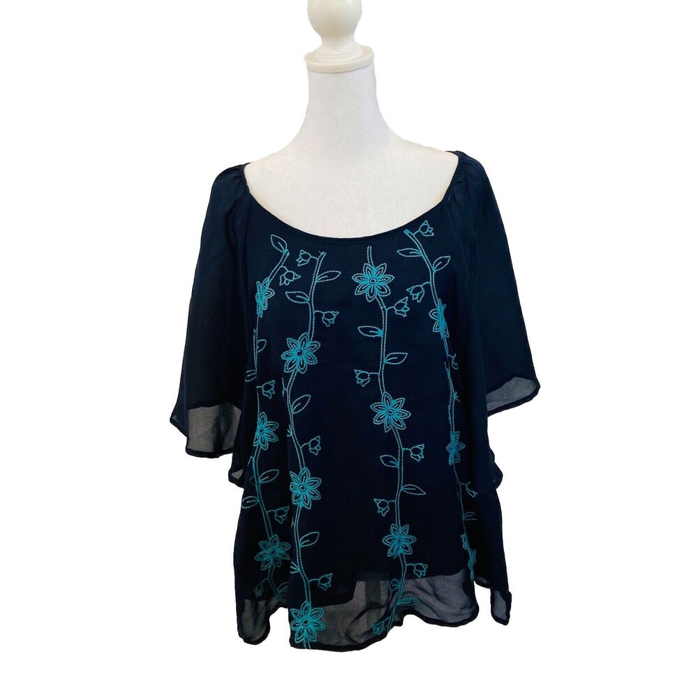 Dress Barn Top - Sheer - Lined - Kimono Sleeves - Embroidery